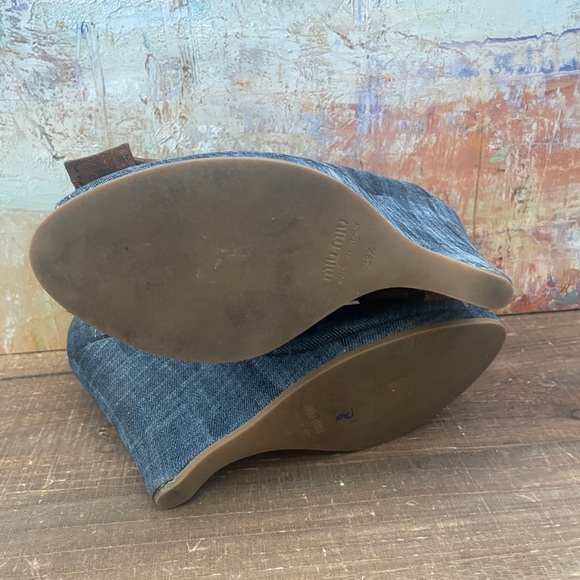 MIU MIU Peep Toe Blue Denim Wedge Heels w/Leather Bow - Picture 9 of 13